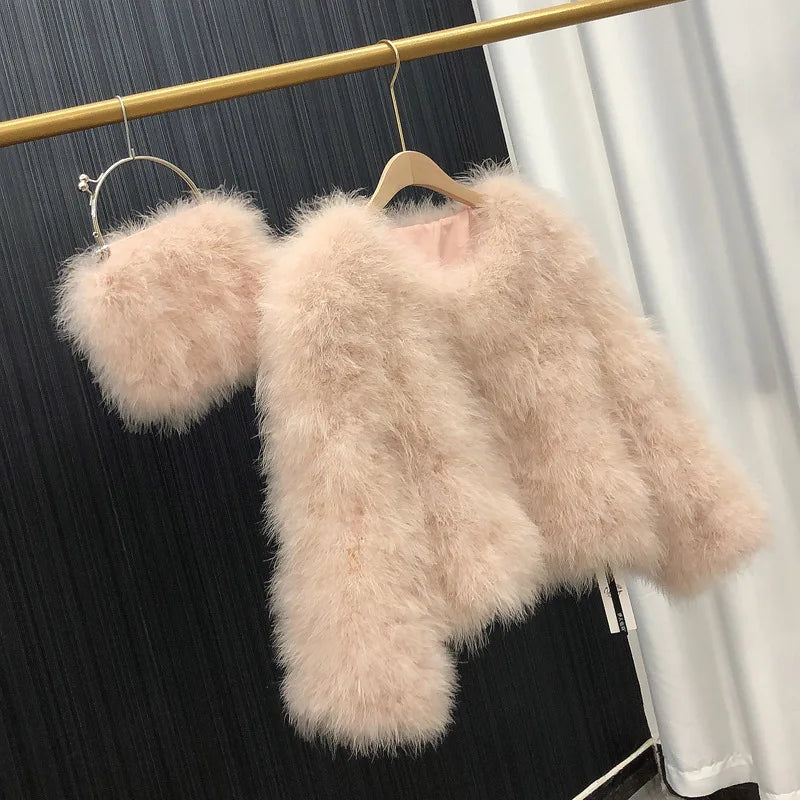 Ostrich Feather Coat for Women 100% Natural Fur Coats O Neck Long Sleeve Ladies Nightclub Turkey Jackets Winter Fashion