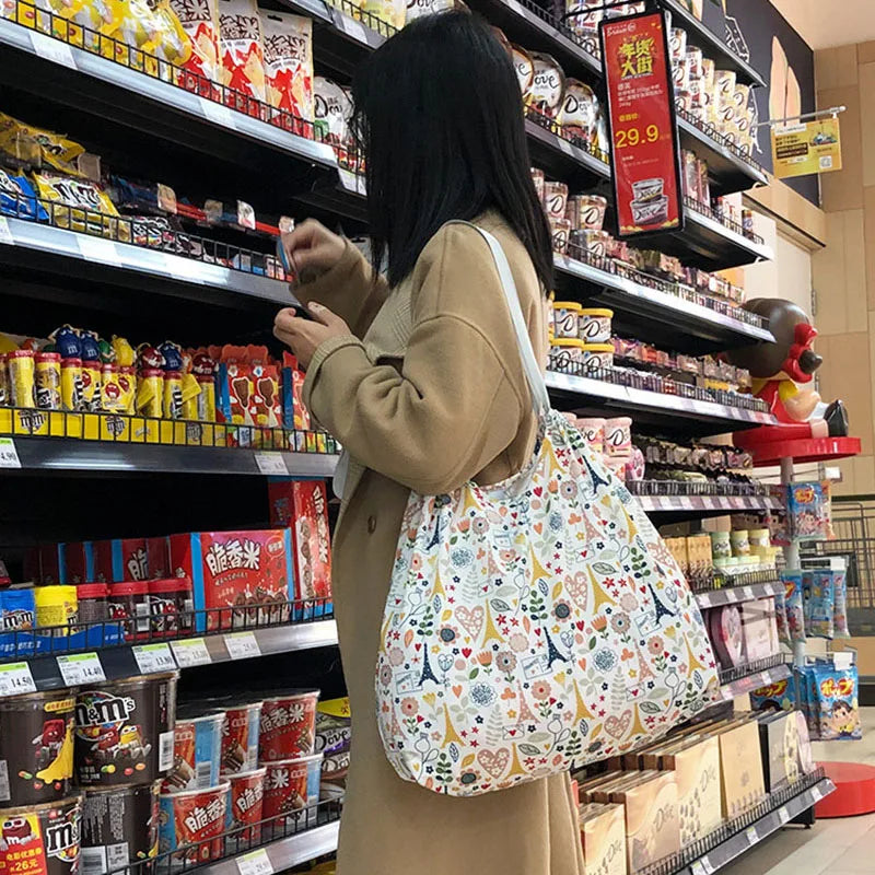 16L Large Capacity Japanese Style Casual Handbag Folding Supermarket Shopper Bag Lovely Travel Accessory