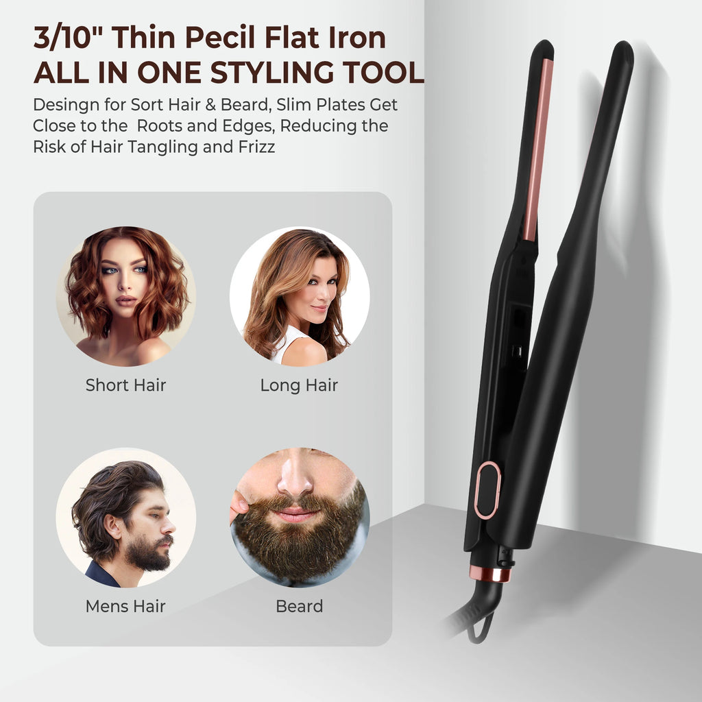 Mini Pencil Flat Iron Hair Straightener, Ceramic Plates, Beard & Short Hair, EU/US Plug