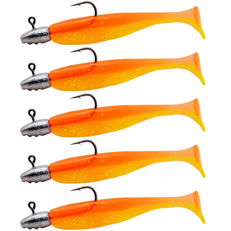 5Pcs/Lot T-tail Soft Fishing Bait Matched With Head Hooks Artificial Wobblers Swimbait Fishing Tackles For Bass Pike Pesca