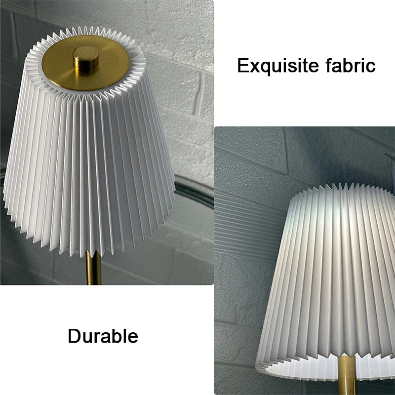 Small Pleated Table Lamp USB Rechargeable Nightstand Lamp Cordless Desk Lamp for Bedroom Living Room Home Office Decor
