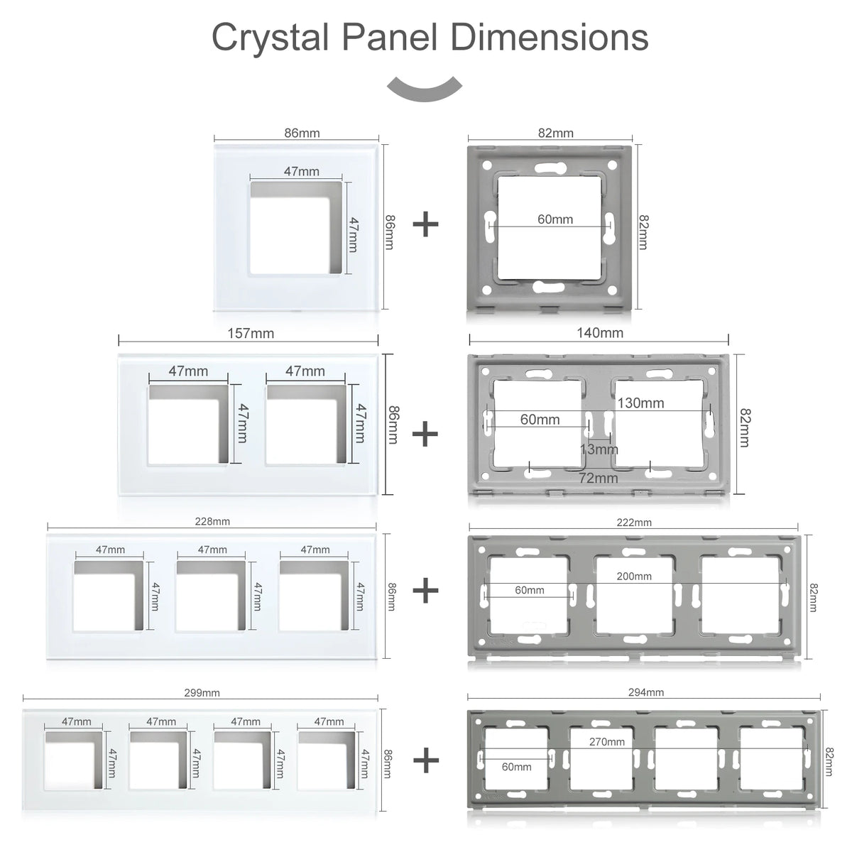 BSEED EU Standard Crystal Panel Wall Socket Frame Glass Switch Panel With Metal Plate 86/157/228/299mm White Black Golden