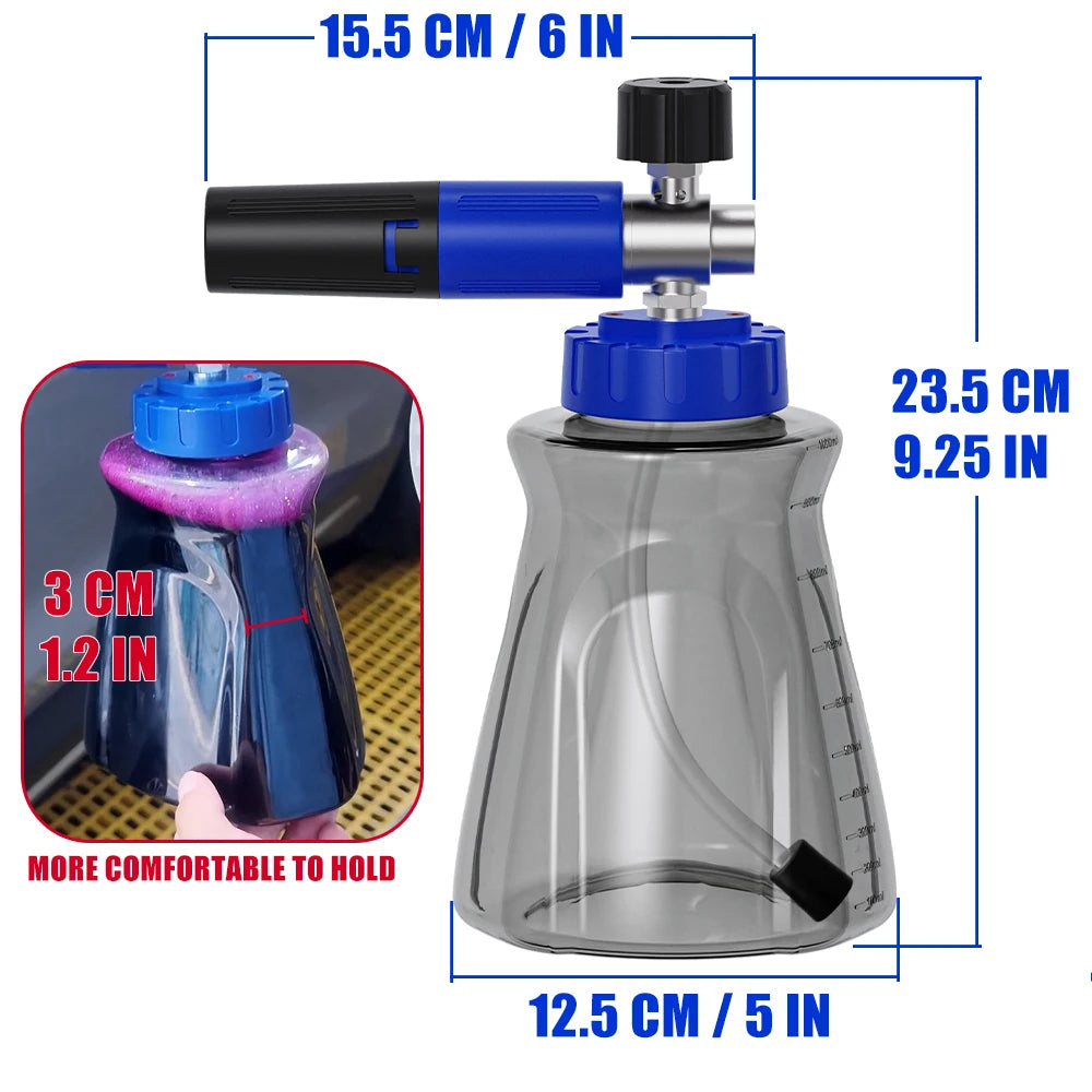 Stylish blue-black foam cannon, 1/4" quick-connect fitting, leak-proof lid air valve, for Karcher Elitech Bort AR Bosch