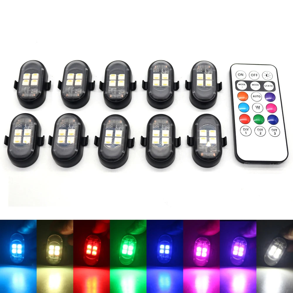 RGB Car Interior LED Light Kit with Wireless Remote, USB-C Rechargeable, Multi-Mode (2-10pc)