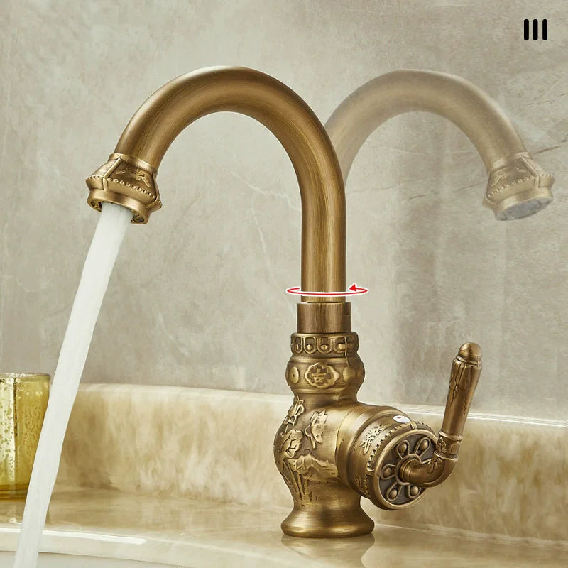 Antique Carved Bathroom Faucet Basin Faucets Brass Hot & Cold Bathroom Sink Faucet Deck Mounted Lavotory Faucet Mixer Water Tap
