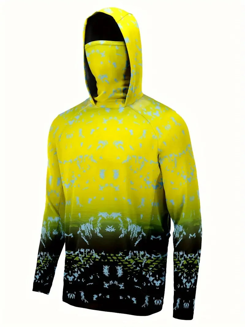 Men's Hooded Fishing Shirt with Face Mask, UV Protection Quick Dry Long Sleeve, 2XL-3XL