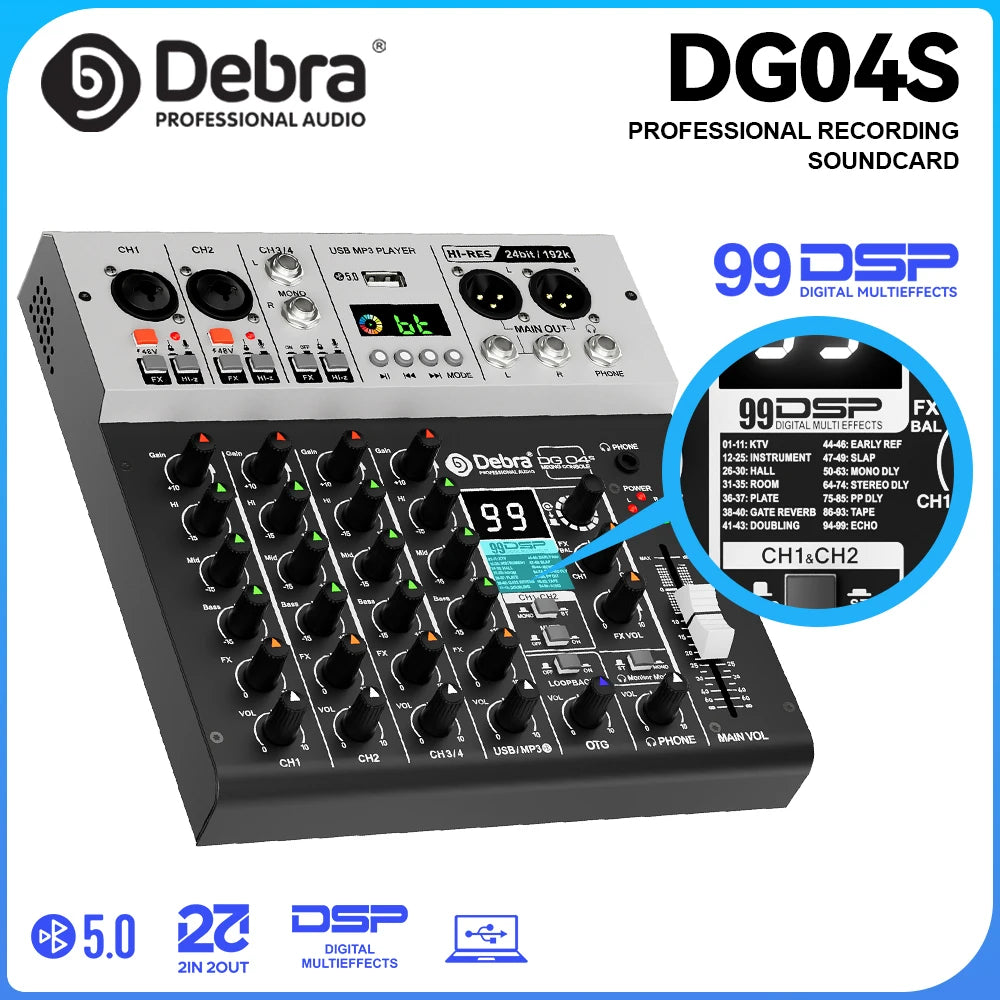 Debra DG04S 4-Channel Mixing Soundcard, Mixer, Bluetooth 5.0, 24-bit/192k Sample Rate, OTG Interface, 48V Phantom Power for Bars