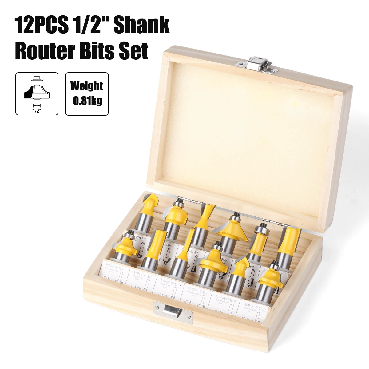12pcs Router Bits Set Carbide Straight Trim Milling Cutters, 6mm/8mm/6.35mm/12.7mm Shank