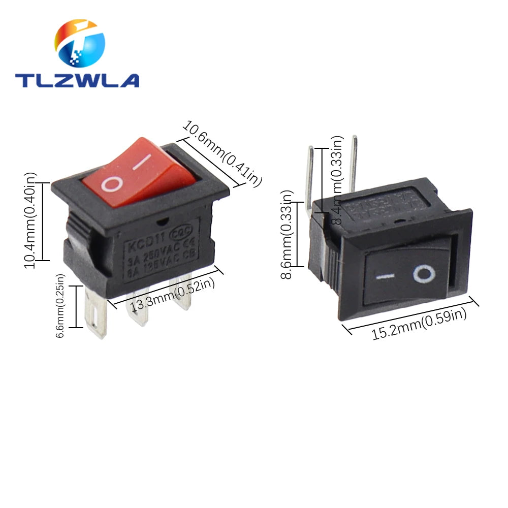 KCD11 Mini Rocker Switch 10x15mm 100pcs 2/3 Pin ON-OFF or ON-OFF-ON 3A 250VAC