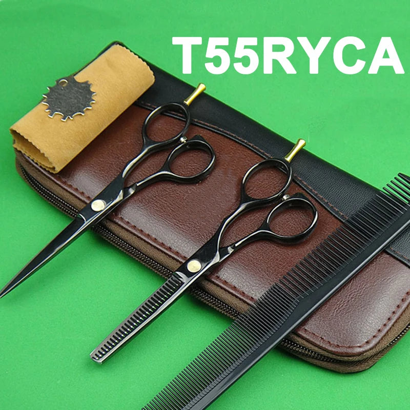 Japan 440C Titanium Qlating Barber Professional Scissors for Hairdresser 5.5 / 6.0 Cutting Thinning Black Hair Scissor Shears
