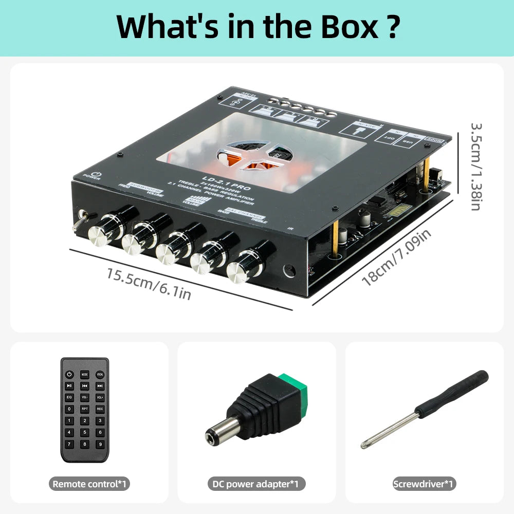 2.1 Channel Bluetooth Amplifier Board 320W with Bass/Treble Control, AUX, DC 12-32V