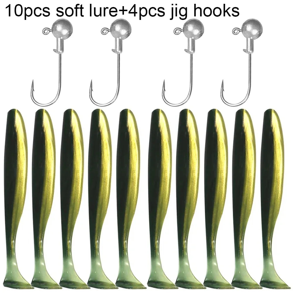14PCS Gear Kit 10PCS Soft Lure 5.5cm 7cm 10cm T Tail Worm 4PCS Jigging Head Hook 3g 5g 10g Metal Jig Fishing Pesca Swimbait Bait