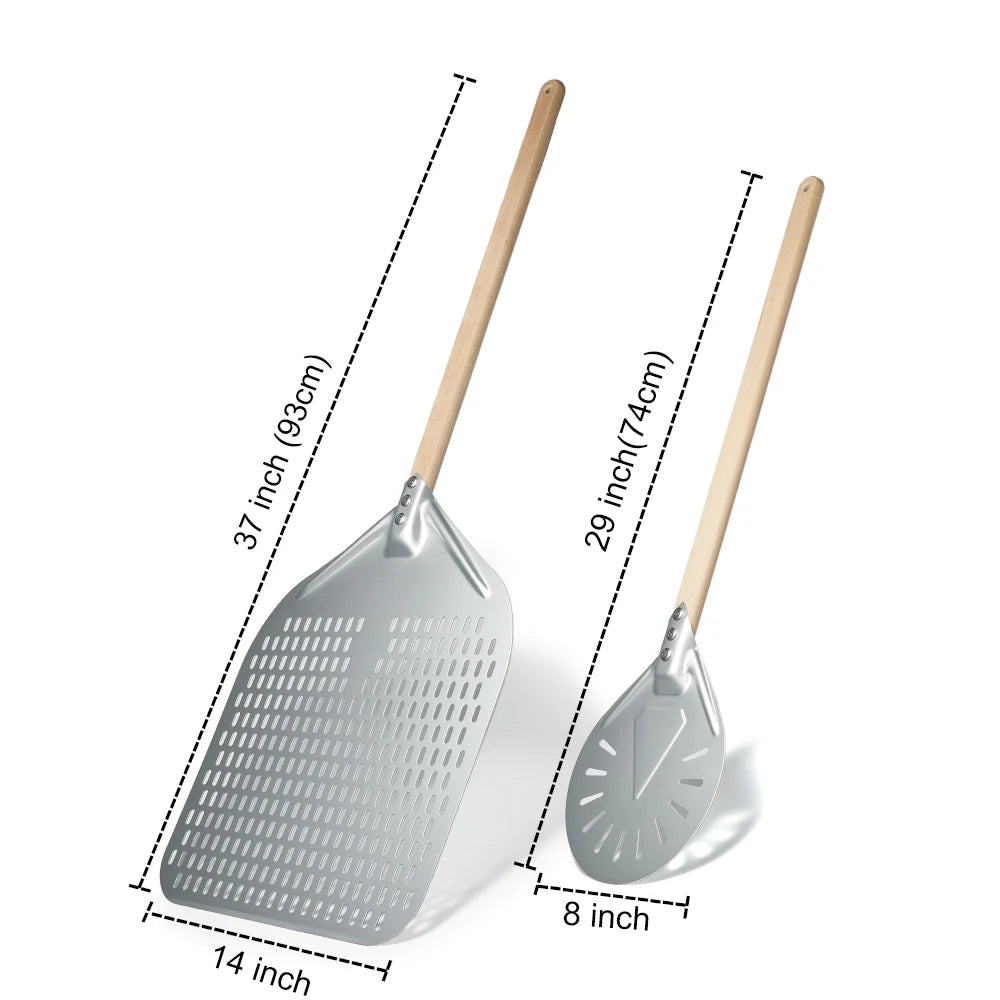 SHANGPEIXUAN Perforated Pizza Peel with Turning Pizza Peel Wood Handle Pizza Shovel Anodized Short Spatulas Baking Tools