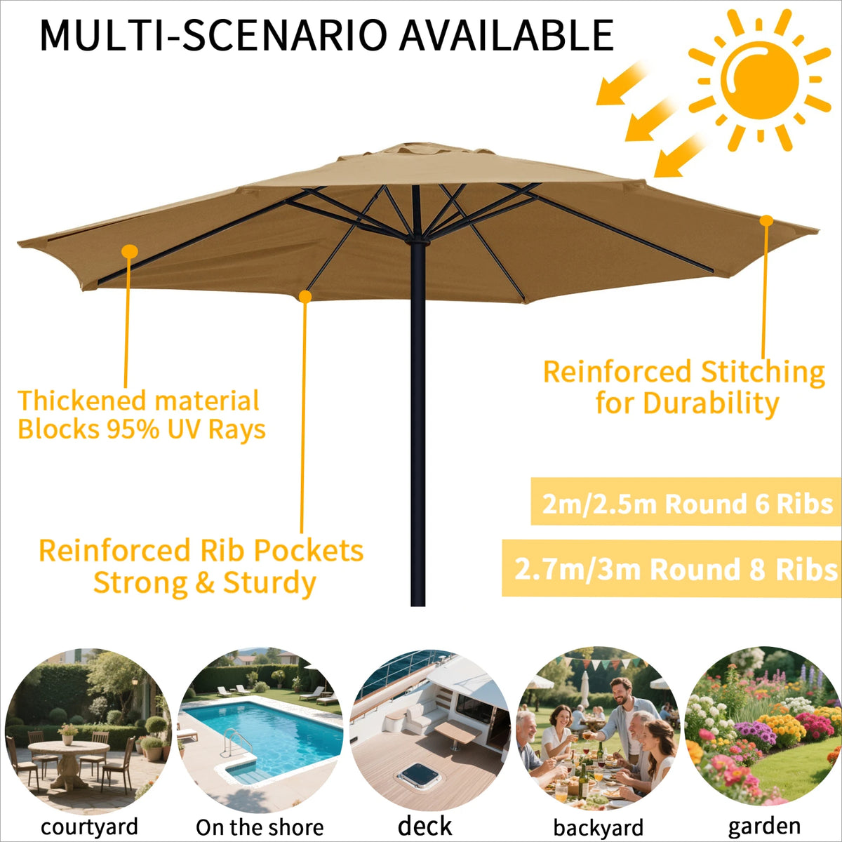 6/8 Rib Polyester Parasol Replacement Cloth Outdoor Patio Umbrella Surface Rainproof Anti-UV Sunshade Garden Canopy