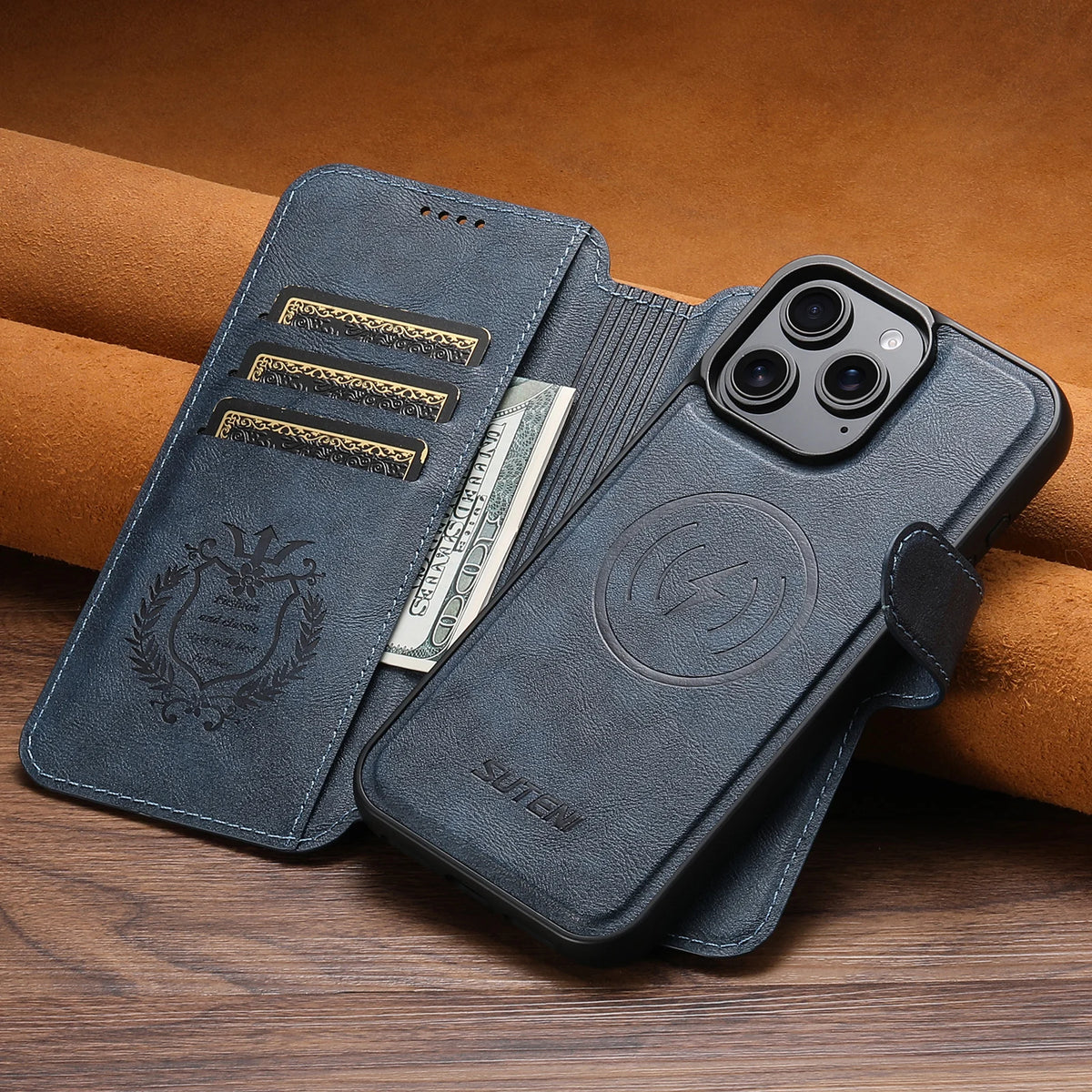 PU Leather Magnetic Flip Wallet Phone Case w/ Card Holder Stand, Wireless Charging for iPhone