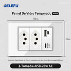 DELEFU 4*2 White Tempered Glass Brazil Standard Outlet with Double USB Type C Wall Power Socket Smart Switch Tuya Wifi 10A 20A