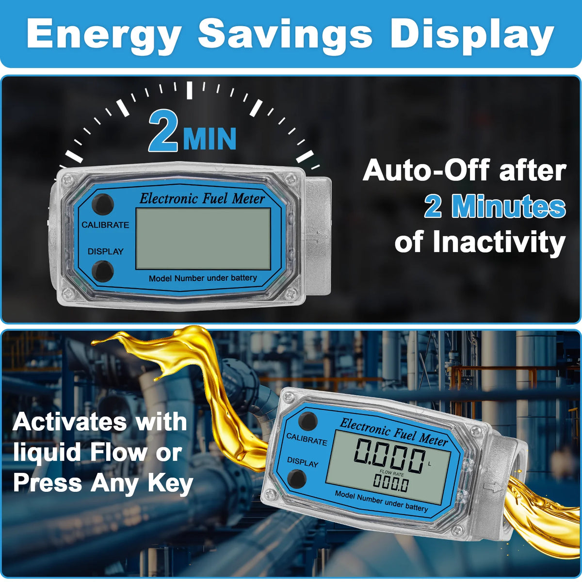 1" Digital Turbine Flow Meter with 3/4" Adapters, for Measuring Water, Diesel, Gasoline, and Other Liquids