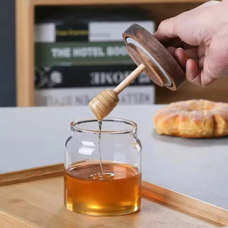 1/3/5PCS Glass Sealed Tank Honey Jar With Wooden Lid Mixing Rod Wood Dip Sticks Transparent Home Sealed Jar Kitchen Storage