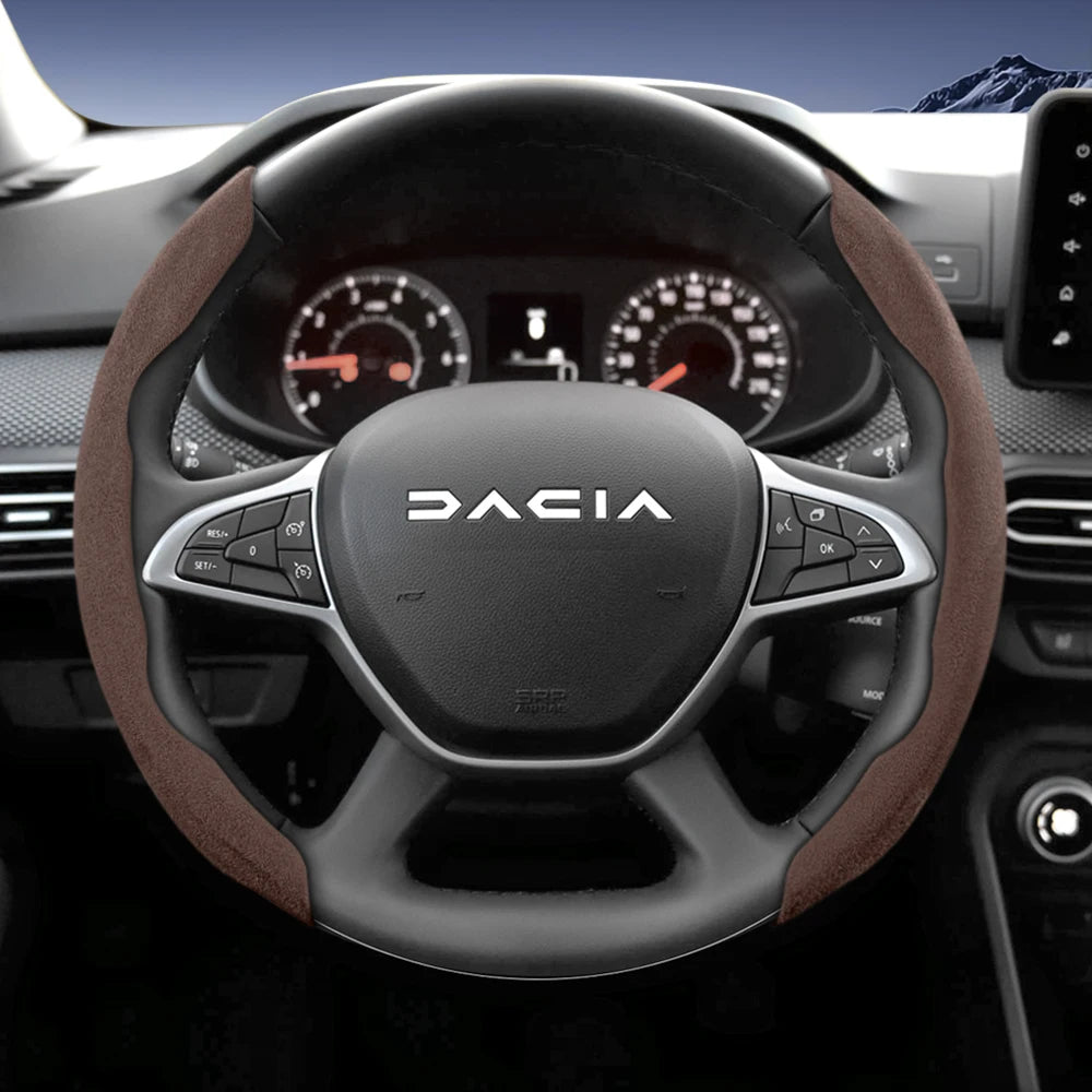 Suitable for Dacia Sports Suede Steering Wheel Cover, Split Snap-On Anti-Slip Style, for Models Such as Sandero Stepway, Duster, Jogger, Bigster, Spring, Electric, Cargo, Logan, Etc., in Black, Brown, Mocha, and Red Co
