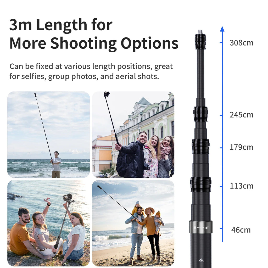 3m Invisible Selfie Stick Carbon Fiber Extended Monopod 118" for Gopro 13 Insta360  X4 X5 DJI Osmo 360/Action 5 Pro Accessories
