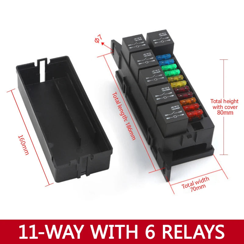 Earu automotive fuse box with relay block assembly, 3-15 way circuit protection (style options)