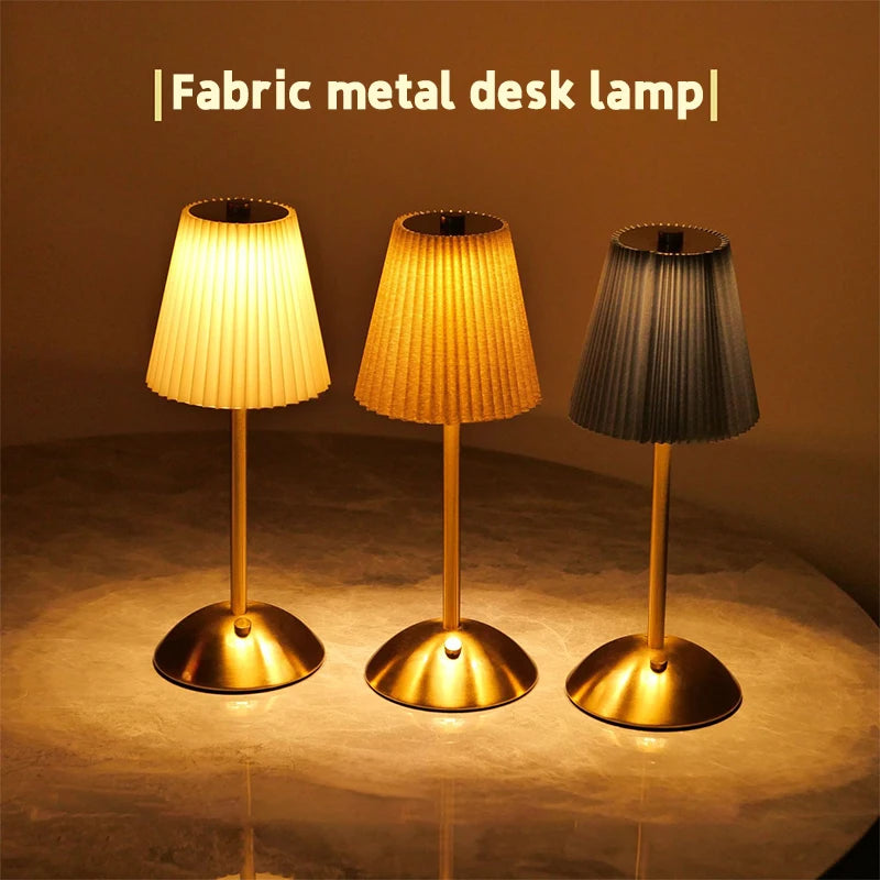 Small Pleated Table Lamp USB Rechargeable Nightstand Lamp Cordless Desk Lamp for Bedroom Living Room Home Office Decor