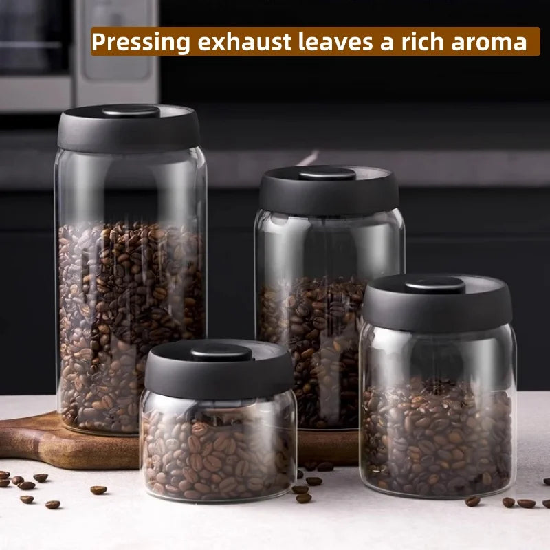 Multi Capacity Black Lid Coffee Pot Manual Vacuum Moisture-proof Storage Pot Kitchen Glass Teapot Coffee Bean Storage Sealed Jar