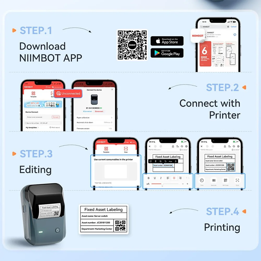 NIIMBOT B1 Bluetooth thermal label printer 2 inch portable sticker maker with tapes