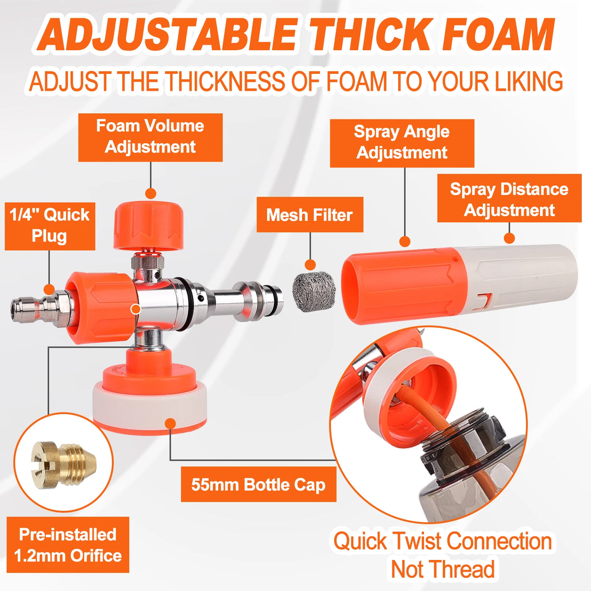 Pressure Washer Upgraded Foam Cannon for 1/4” Quick Connector with 360°Adjustable Spray Nozzle, 1L Foam Cannon Soap Dispenser