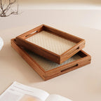 1Pc Bamboo Woven Pattern Leather Tray, Acacia Wood Tray, Dressing Table Decorative Tray, Aromatherapy Ring Jewelry Tray, Suitable for Home Decoration, Living Room Storage Tray, Gift Giving, Photography Props
