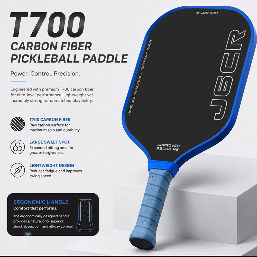 J6CR Pickleball Paddle T700 Carbon Fiber 16mm Honeycomb Core, Blue or White