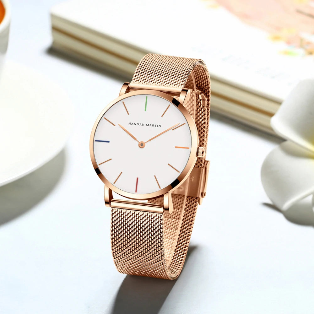2023 New Women Bracelet Watch 1 Set Japan Quartz Movement Simple Rose Gold Stainless Steel Mesh Student Watches Relogio Feminino