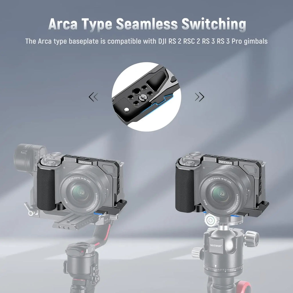 NEEWER ZV-E10 Camera Cage with Silicone Grip Arca Type QR Base Protective Metal Video Rig for DJI RS Gimbals Sony ZV-E10