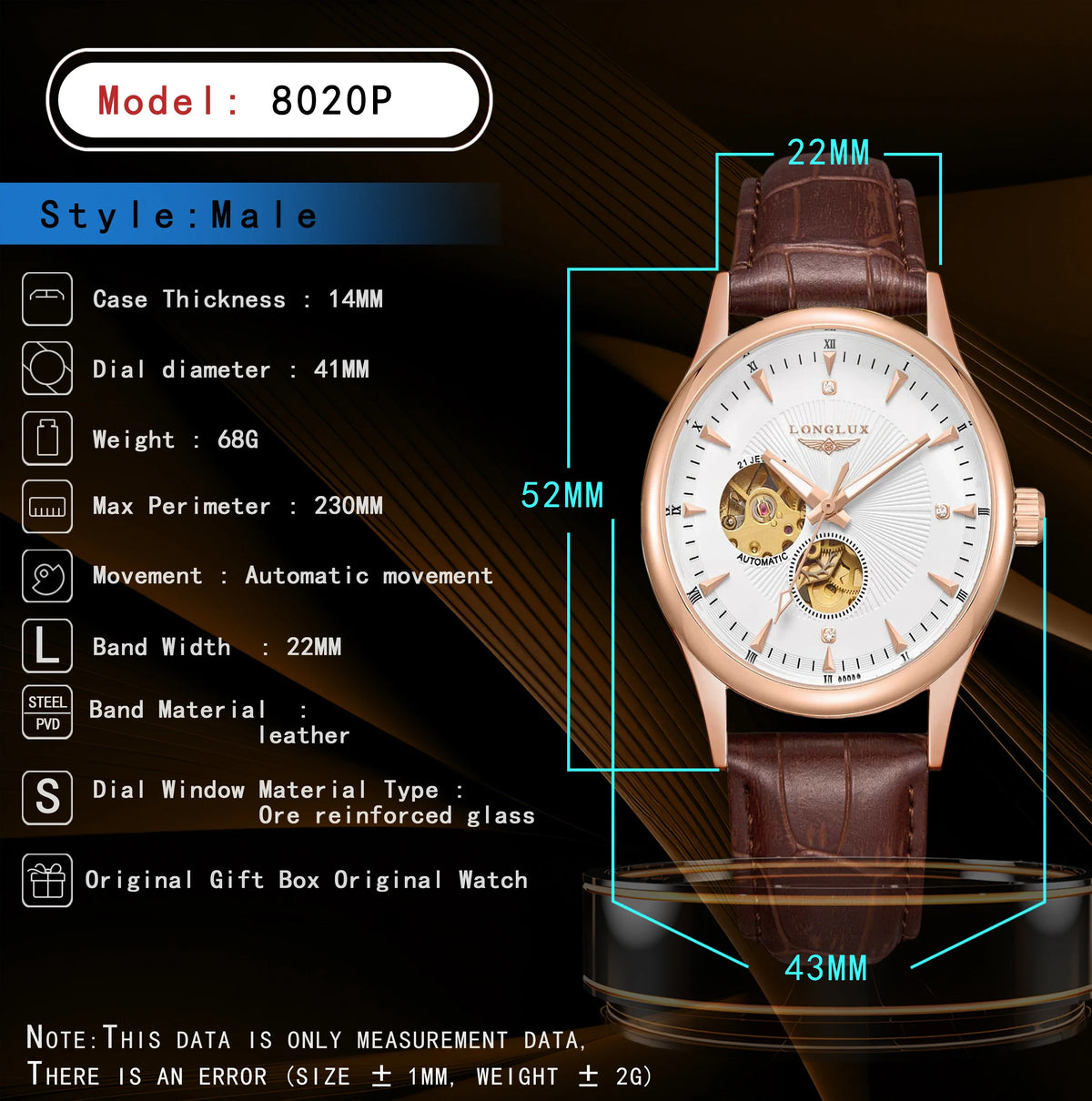 LONGLUX automatic watch elegant style wholesale mechanical wristwatches skeleton rome waterproof  mens watch men gift